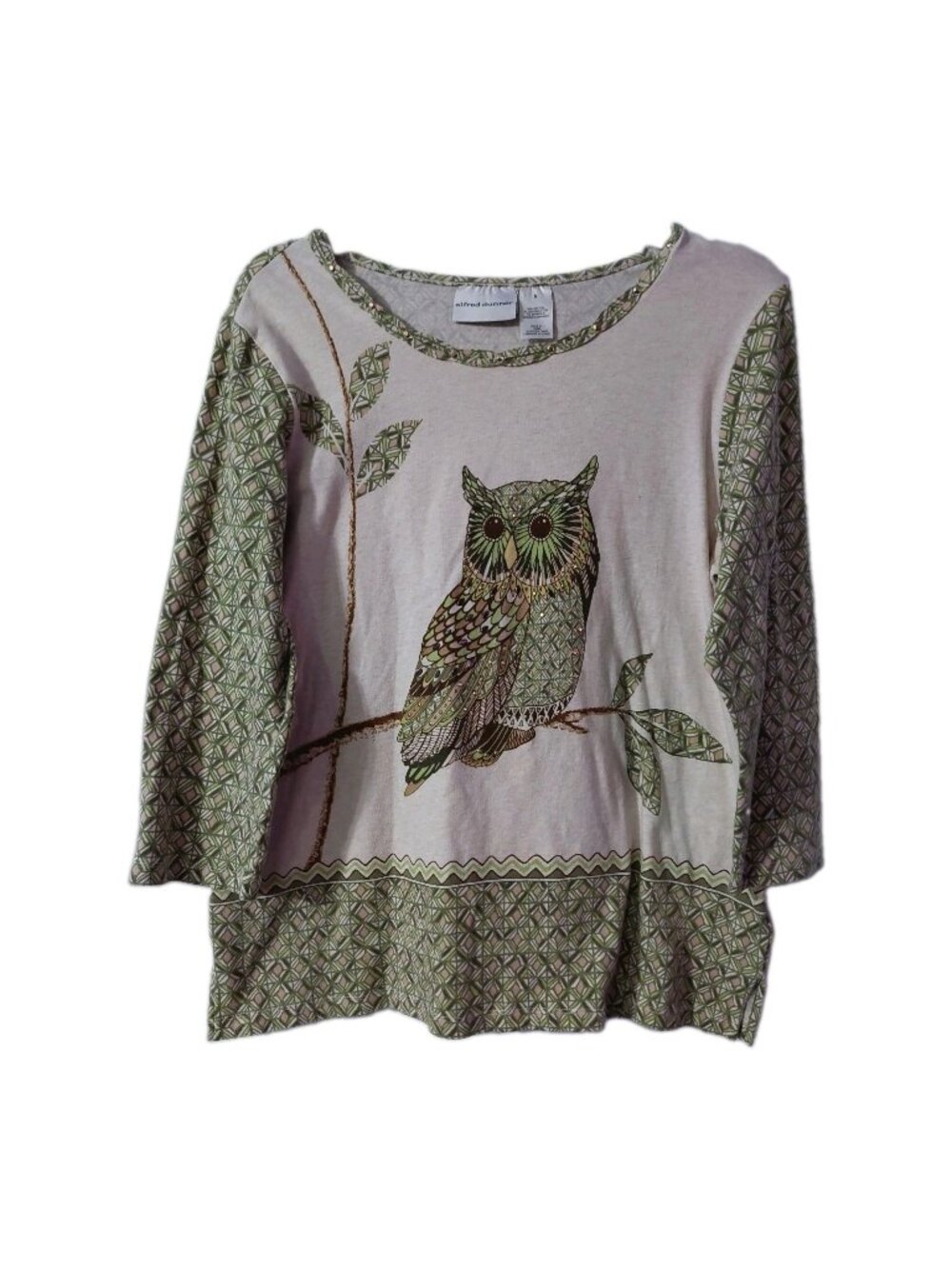 Alfred Dunner Owl Shirt Women’s Size Small 3/4 Sleeve Nature Multicolor